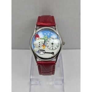 WYL Snowman Christmas Quartz Watch Red Leather Strap Novelty New Battery USA 3D